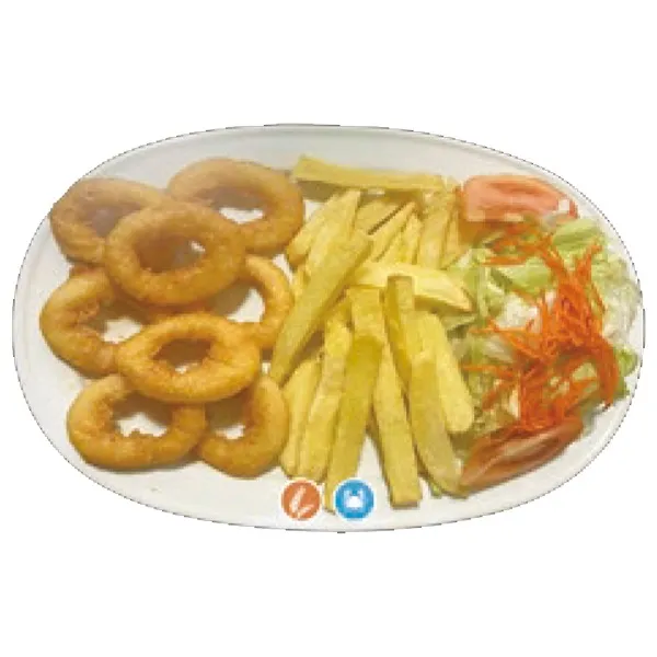 Calamar romana con ensalada y patatas