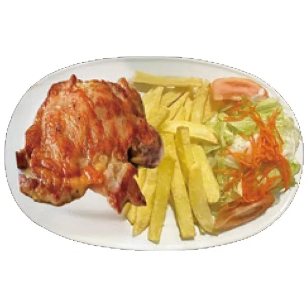 Muslo de pollo a la plancha con ensalada y patatas